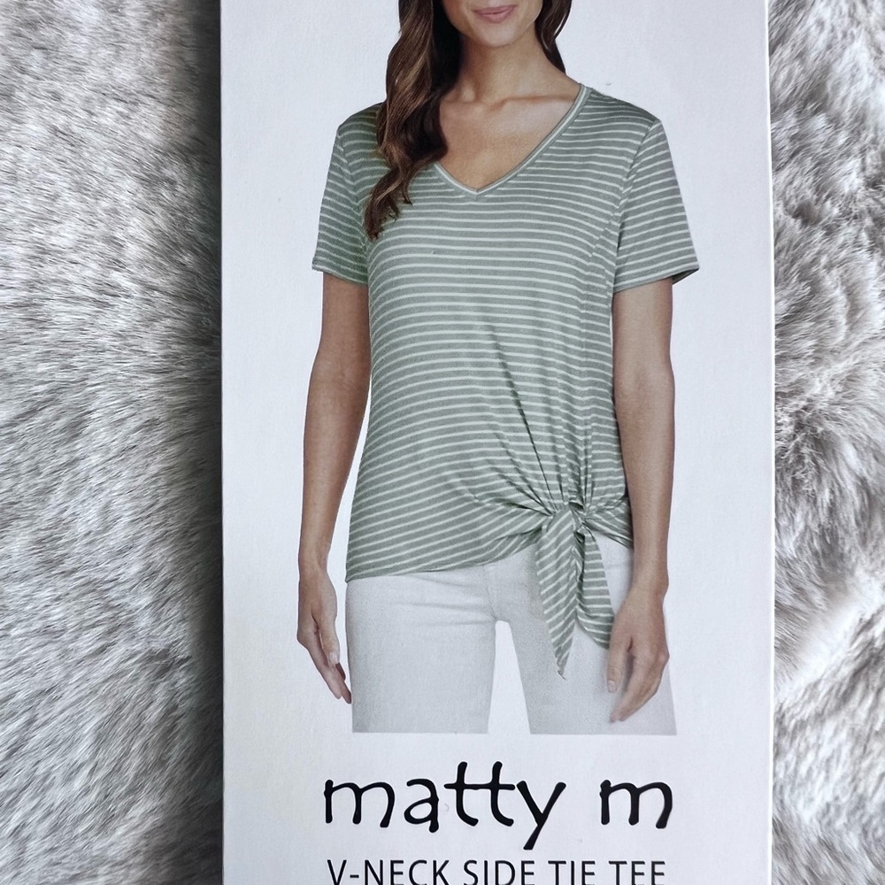NWT Matty M short sleeve V neck side tie Tshirt light olive and white striped - Picture 6 of 7